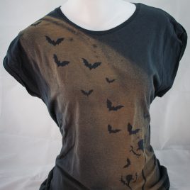 Damenshirt Kurzarm Baumwolle Fledermaus Pusteblume senf/ anthrazit mit Raffärmeln