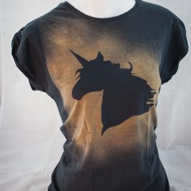 Damenshirt Kurzarm Baumwolle Einhorn black Unicorn senf/ anthrazit mit Raffärmeln