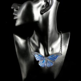 Halskette Kette Morpho rhetenor blauer Schmetterling Echtleder metallic
