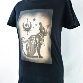 Damenshirt schwarz Lavendeldruck AbraCATabra Katze