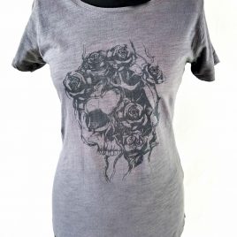 Damenshirt dunkelgrau Lavendeldruck Totenkopf mit Rosen