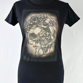 Damenshirt schwarz Lavendeldruck Totenkopf mit Rosen