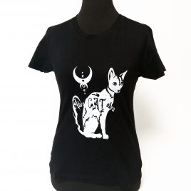 Damenshirt schwarz Girlie Shirt Abracatabra Katze handgedruckt