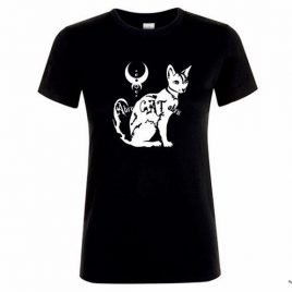 Damenshirt schwarz Girlie Shirt Abracatabra Katze handgedruckt