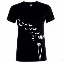 Damenshirt schwarz Girlie Shirt Pusteblume Fledermaus handgedruckt